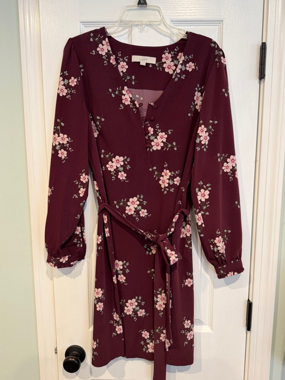 LOFT Burgundy Floral Long-Sleeve Wrap Dress